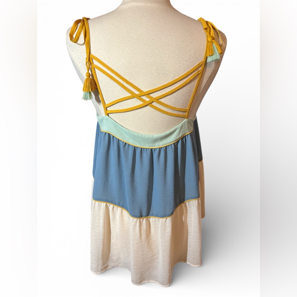 LOFT Sky Blue Cream Mustard Yellow Mint Green Colorblock Peplum Camisole Tank L - Picture 5 of 11